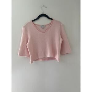Vtg Pink & White Knit St John Sport Marie Gray Cropped Sweater Top 3/4 sleeve Sm